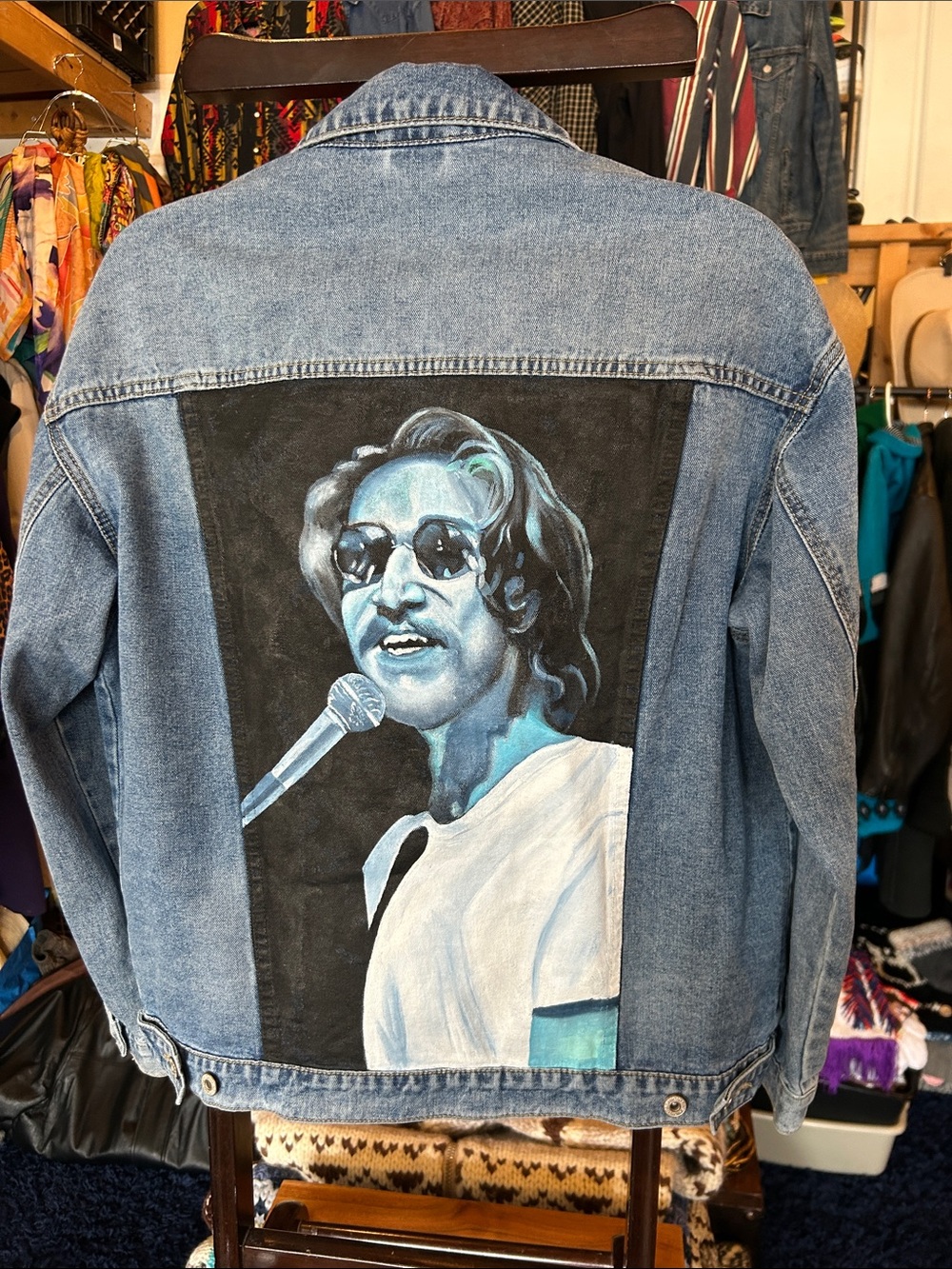 Hand-Painted Denim Jacket with Blue Portrait Panel of Bo Burnham